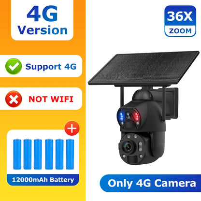 SHIWOJIA 4K 8MP 36X Zoom 4G Solar Camera Dual Lens Dual Screen Human Detect Auto Tracking Outdoor 10W Solar Panel WIFI CCTV
