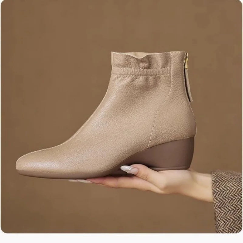 2025 Autumn Winter New Women's Soft Leather Ankle Boots - Block Low Heel, Side Zipper, Comfortable for Commuting