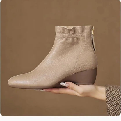 2025 Autumn Winter New Women's Soft Leather Ankle Boots - Block Low Heel, Side Zipper, Comfortable for Commuting