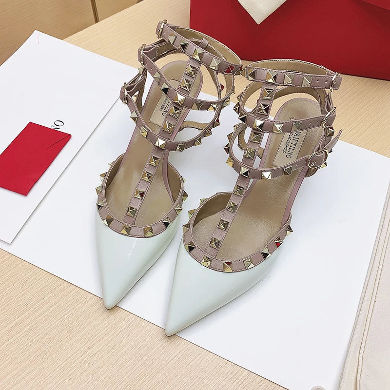 Women's Gladiator sandals Summer Black luxury Woman shoes Rivet High-heeled Three Straps Ankle Fashion Designer Ladies Shoes