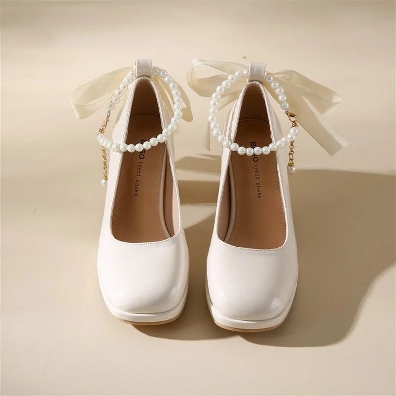 Ladies High Heels Elegant Bow Square Toe Black Fashion Women's Pumps Thick Heel Wedding Party Pearl Lace Wedding Shoes for Women