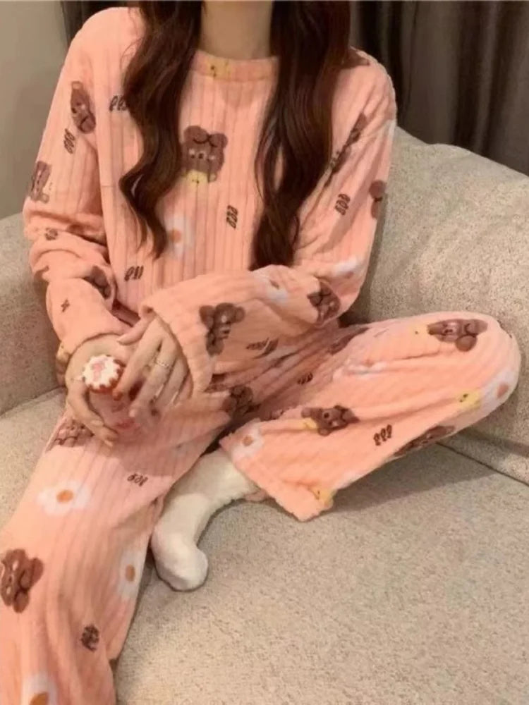 Adorable Sweet Coral Fce Thiened Autumn Winter Spwear Women's Casual Home Clothes Set Long Pants Comfortable Leisure ...