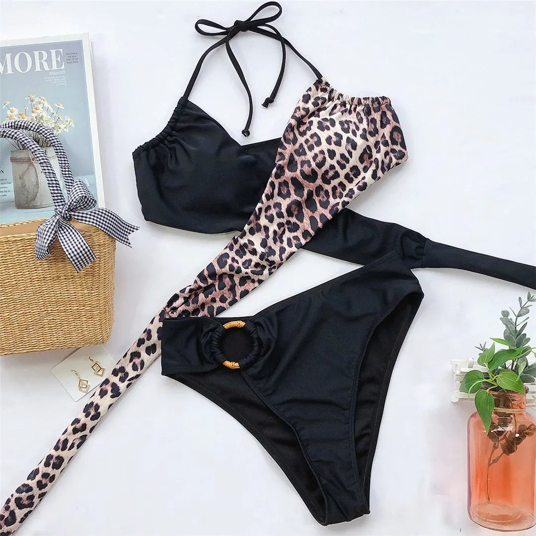 Sexy Mid Waist Splicing Leopard Bikini Female Swimsuit Women Swimwear Two-pieces Bikini set Bather Bathing Suit Swim Lady V2148