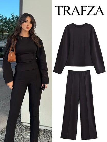 TRAFZA Women New Fashion Slimming 2-Piece Set Double-Sided Fabric O-Neck Long-Sleeve Top+Elegant Stretch Long Pants Female Suit