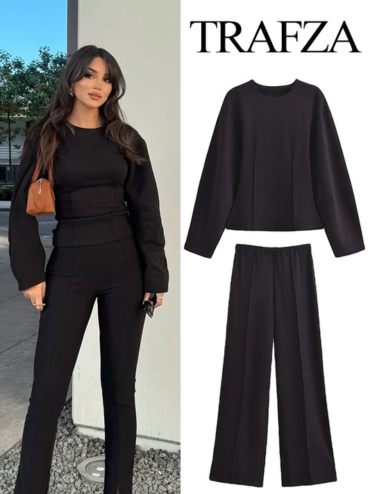 TRAFZA Women New Fashion Slimming 2-Piece Set Double-Sided Fabric O-Neck Long-Sleeve Top+Elegant Stretch Long Pants Female Suit