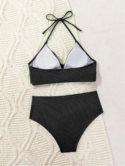 2025 New Sexy High Waist Two-piece Bikini Set Women Solid Halter Swimsuit Summer Tight Cross Push Up Backless Beach Bathing Suit