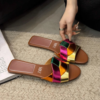 2025Summer New Style Women's Designer Brand Open Toe Flat Slippers Woven Comfortable Women's Shoes Casual Slippers Women's Shoes