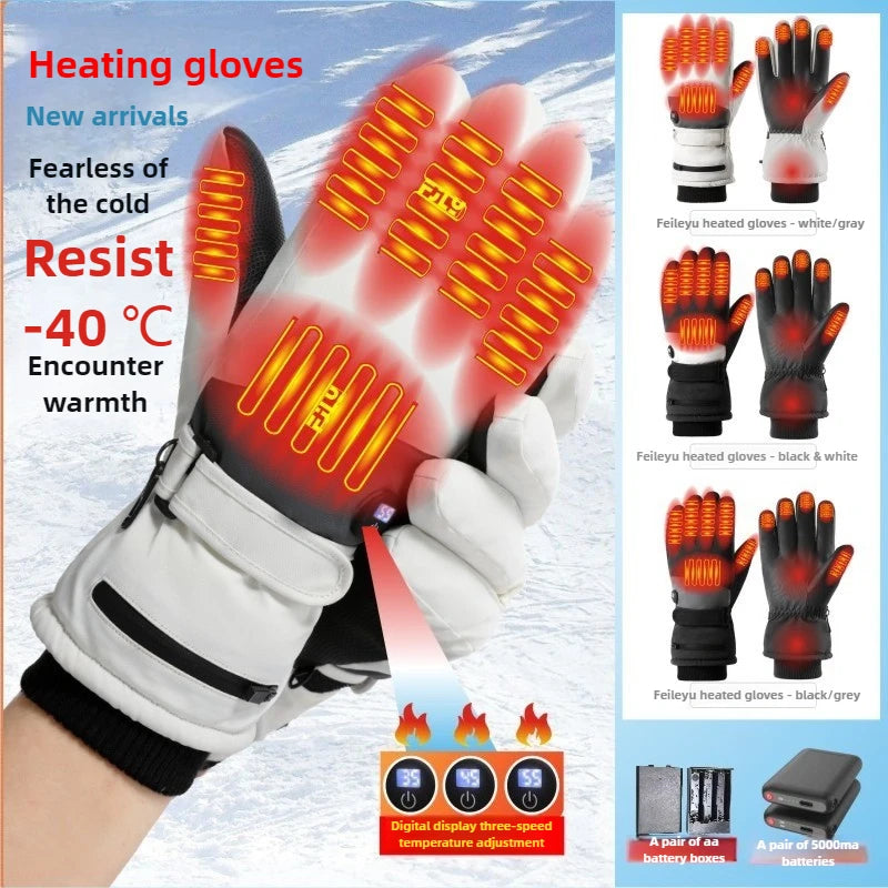Smart Heated Ski Gloves USB Recharge 3-Heat Carbon Fiber Waterproof Touchscreen LED Digital Temp Winter Snowboard Cycling
