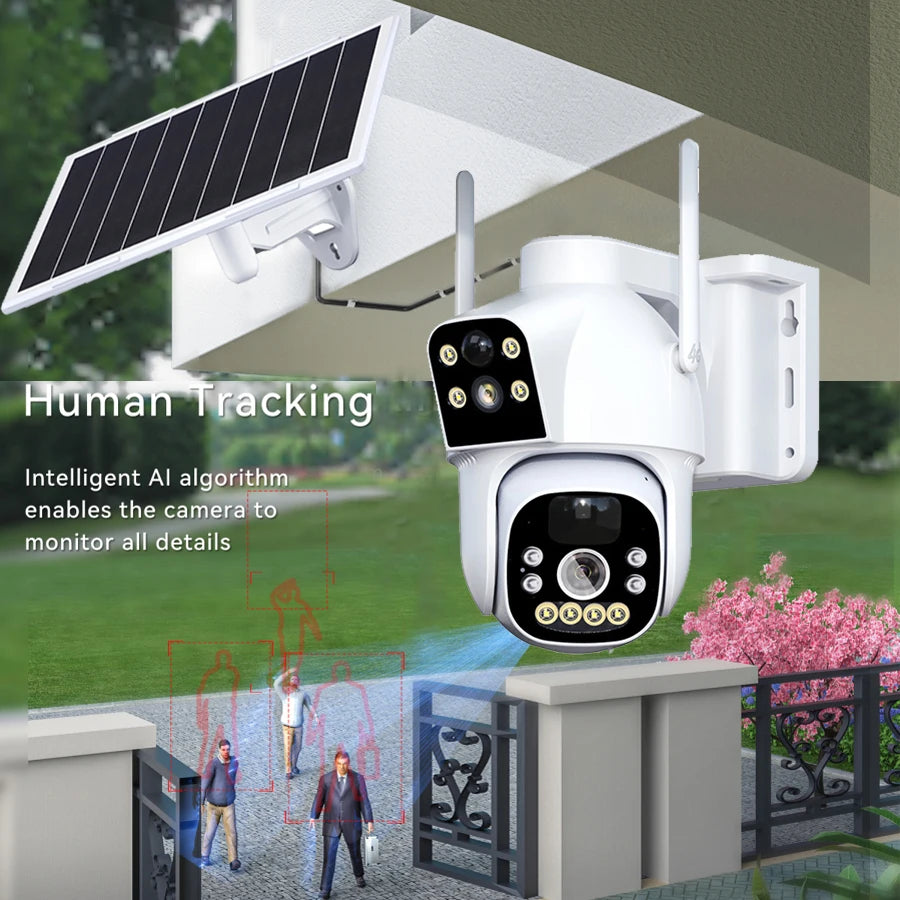 Wireless Solar Powered IP Camera Dual Lens Night Vision Full Color Outdoor Waterproof Security Surveillance Indoor Wifi Home Cam