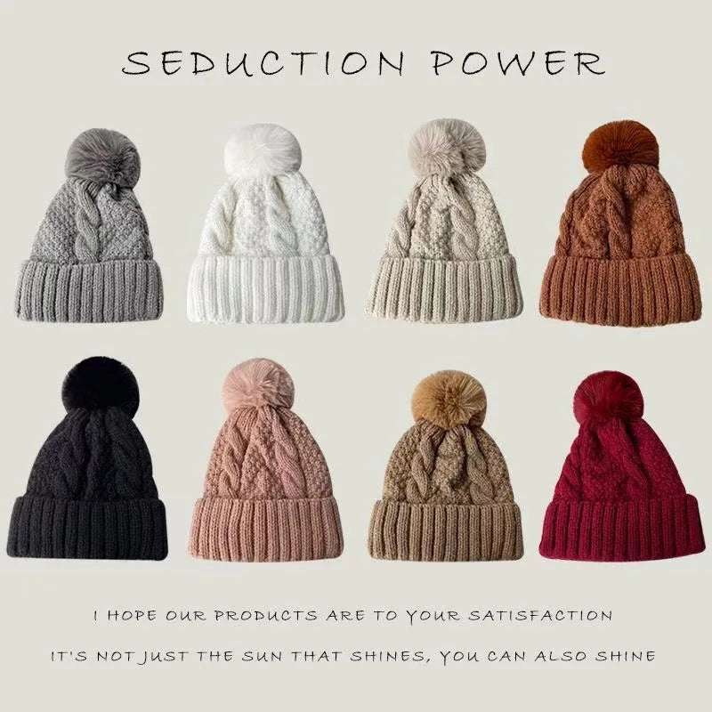 Winter Twist Knitting Hats Warm Fur Pompom Thick Plush Cap Beanies Solid Ladies Versatile Ski Snow Skullies Beanies Velvet Hat