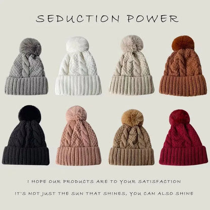 Winter Twist Knitting Hats Warm Fur Pompom Thick Plush Cap Beanies Solid Ladies Versatile Ski Snow Skullies Beanies Velvet Hat