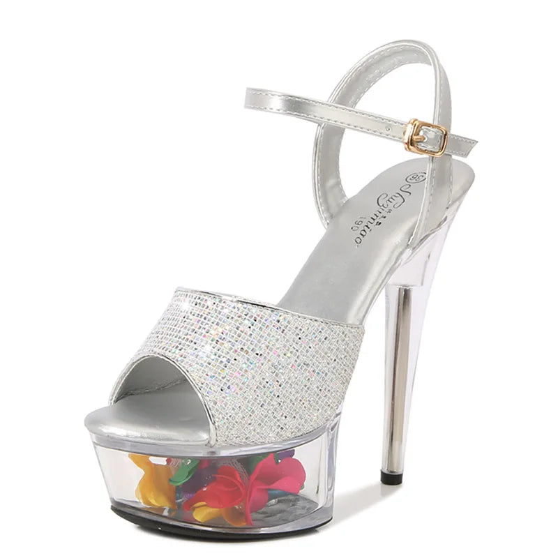 Summer Party Sequin Cloth Women's Sandals Transparent Petal Waterproof Platform High Heels Model Show Stiletto Strippers Shoes