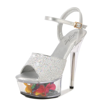 Summer Party Sequin Cloth Women's Sandals Transparent Petal Waterproof Platform High Heels Model Show Stiletto Strippers Shoes