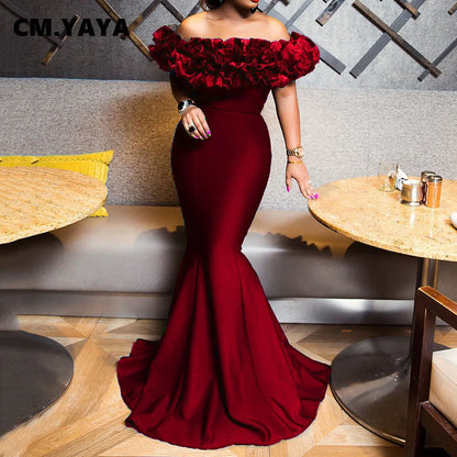 CM.YAYA Winter Women Slash Neck Sleeveless Ruffles Empire Dress Sexy Evening Party Night Mermaid Maxi Long Bandage Dresses