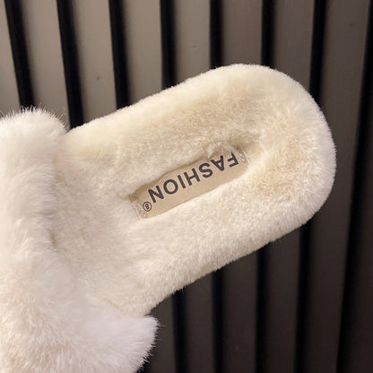 Fashion Winter Warm Women Slippers Cozy Faux Fur Cross Indoor Floor Slides Flat Soft Fluffy Female Celebrities Home Cotton Shoes