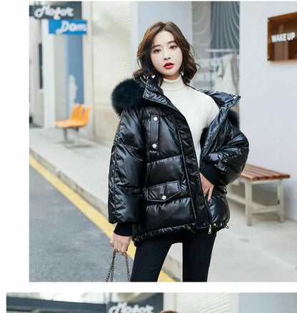 2025 Winter Fashion New Warm Duck Down Jacket Women's Clothes Glossy Fur collar Thicken Parka Short Down Coat Female Trend