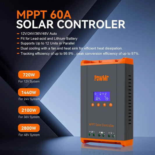 PowMr USA 60A MPPT Solar Charge Controller Can Parallel 12PC Charging 12V 24V 36V 48V LifePo4 Battery Max 160VDC Solar Panel