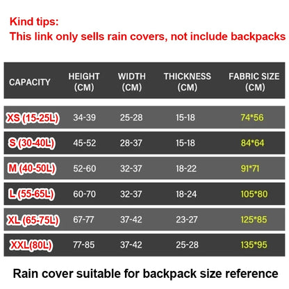 Waterproof Backpack Rain Cover 15-75L Outdoor Sport Cycling Safety Light Rain Cover Outdoor Camping Hiking Bag Rain Cover