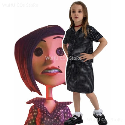 Horror Fairytale Movies Coraline Cosplay Costume Wig Size Halloween Party Scary Yellow Coat Secret Door Adult Kid Roleplay Suit