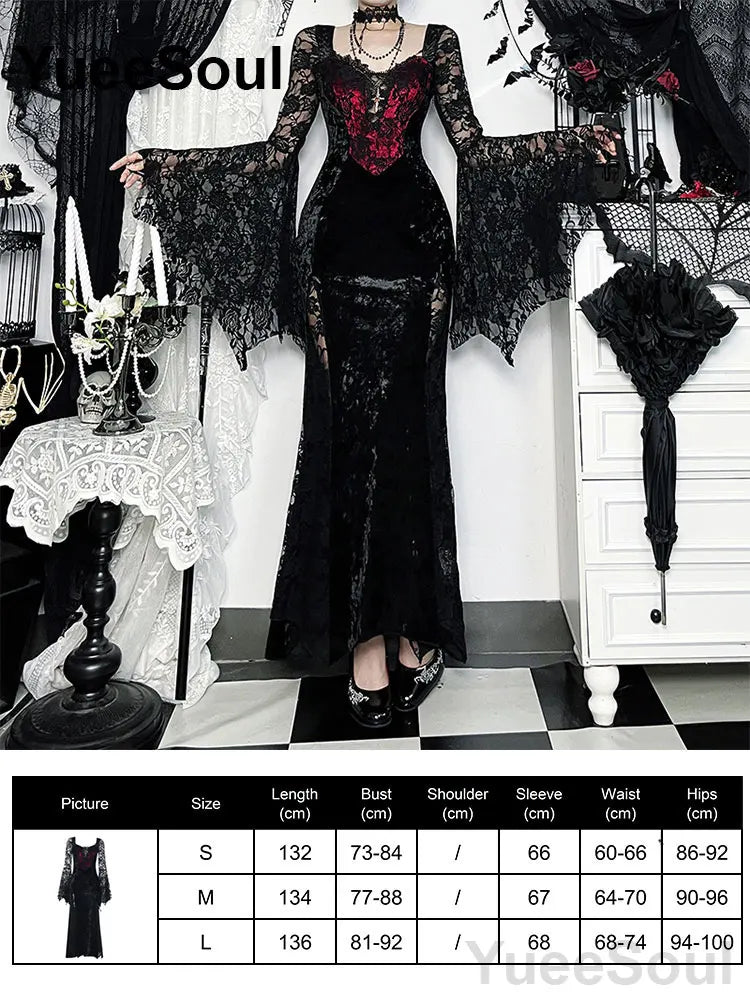 Halloween Gothic Grunge Punk Women Dress Long Sleeve Lace Slim Black Dresses 2025 New Y2K Harajuku Lolita Fairy Core Party Dress