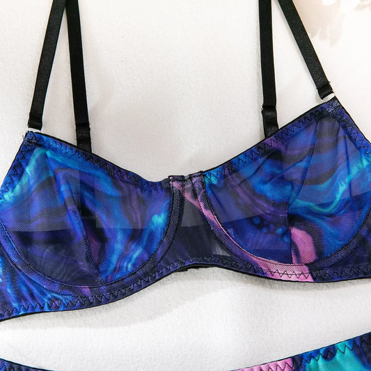 Sexy Perspective Breast Gather Printed Lingerie Set with Gloves Leg Set for Women's Five Piece Set Female Fun Bra & Brief Sets
