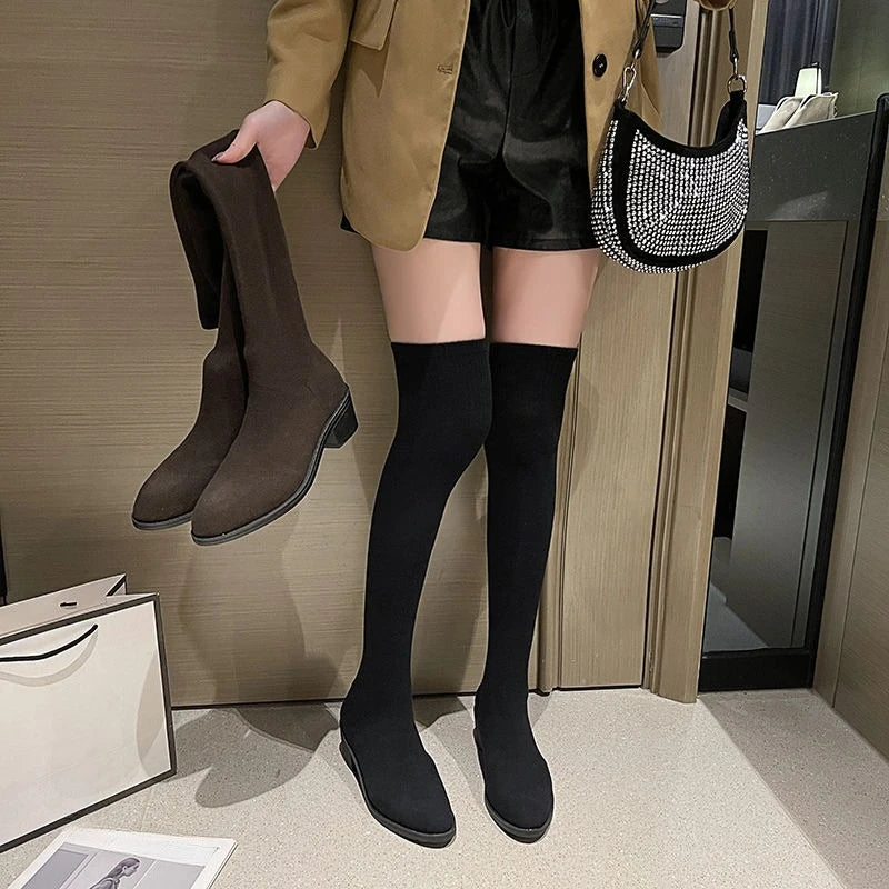 Spring Autumn Elastic Middle Heel Pointed Toe Women's Thigh High Boots Gyaru Cosplay Goth Ladies Sock Above Over The Knee Shoes