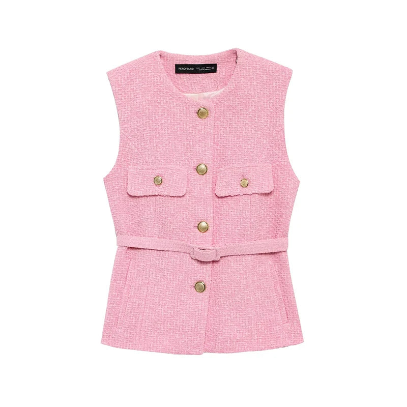 RAFZNB Fashion with Belt Waistcoat for Women Spring O Neck Sleeveless Single Breasted Slim Vest Casual Female Outerwear Chic Top