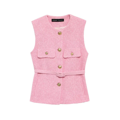 RAFZNB Fashion with Belt Waistcoat for Women Spring O Neck Sleeveless Single Breasted Slim Vest Casual Female Outerwear Chic Top