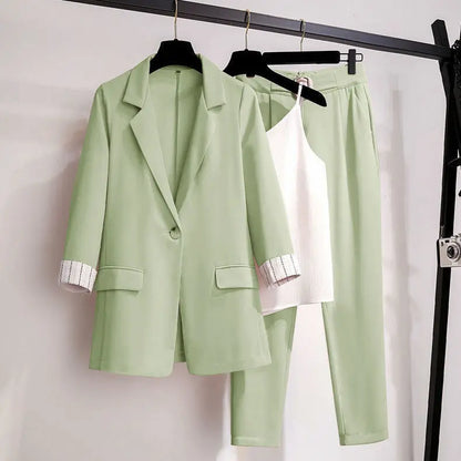 2025 spring new plus size Korean elegant women's suit female blazer leisure pants Tweed suit jacket three piece jacket pants set