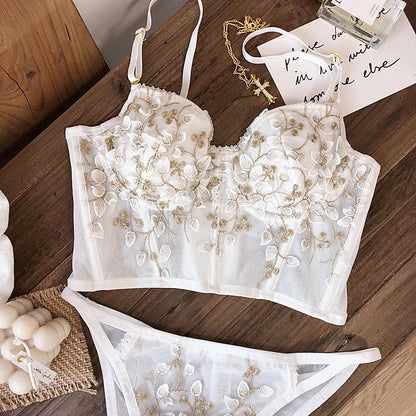 2 Pieces Sexy Lace Flowers Embroidery Underwear Set for Women French Body Shaping Push Up Bra Set Romantic White Lingerie Sets