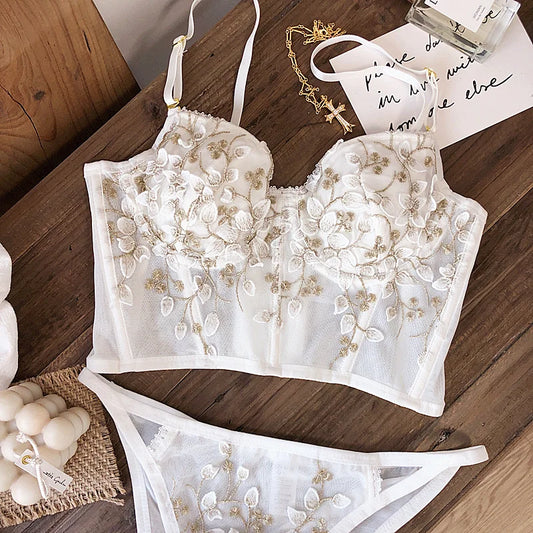 2 Pieces Sexy Lace Flowers Embroidery Underwear Set for Women French Body Shaping Push Up Bra Set Romantic White Lingerie Sets