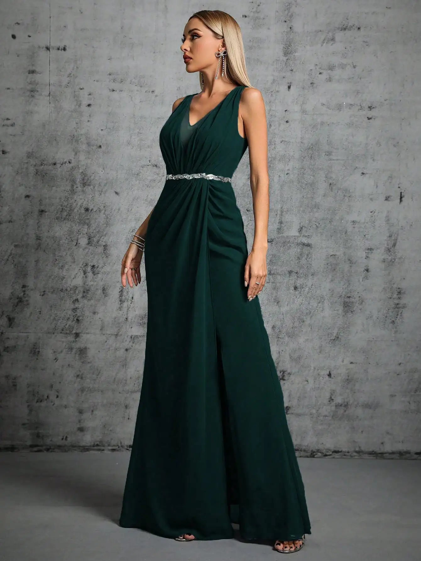 Mgiacy Shoulder deep V-neck silver sequin belt pleated chiffon slit skirt Evening gown Ball dress Party dress Bridesmaid dress