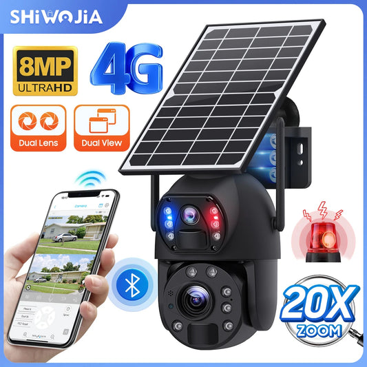 SHIWOJIA 4K 8MP 4G Solar Camera 20X Zoom Dual Lens Recording Humanoid Tracking Outdoor WIFI Camera Metal Waterproof CCTV