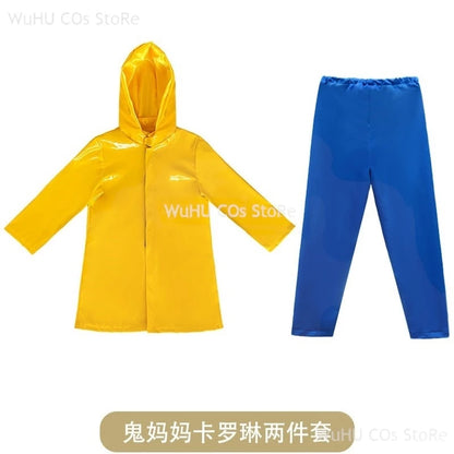 Horror Fairytale Movies Coraline Cosplay Costume Wig Size Halloween Party Scary Yellow Coat Secret Door Adult Kid Roleplay Suit