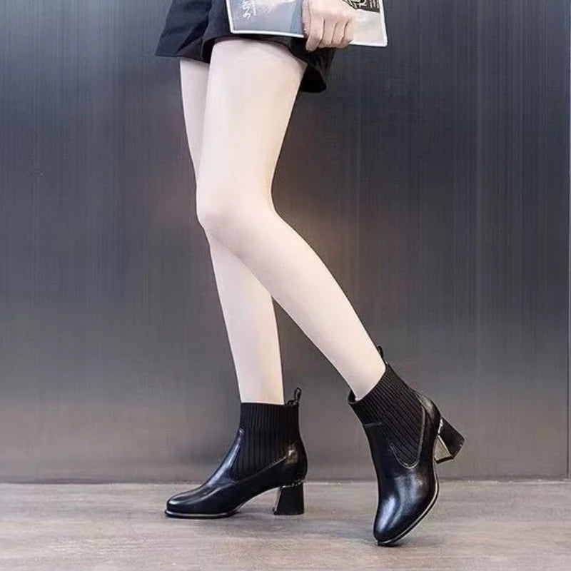Elegant with Medium Heels Leather Women's Ankle Boots Autumn Winter Female Short Shoes Solid Color Booties Pu Boot on Promotion