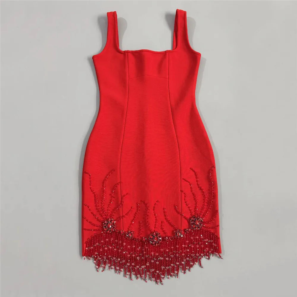 Women Sexy Sleeveless Bandage Dress Fashion Beading Tassel Clothes Club Party Bodycon Dresses