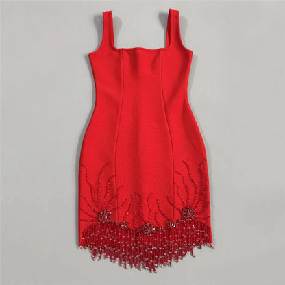 Women Sexy Sleeveless Bandage Dress Fashion Beading Tassel Clothes Club Party Bodycon Dresses