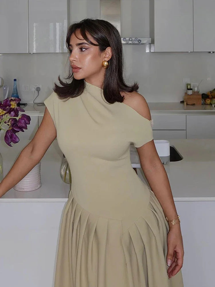 Summer Lady Patchwork Pleated Maxi Dress Chic Elegant Black Half-turtleneck Short Sleeve High Waist Dresses Office Street Robes