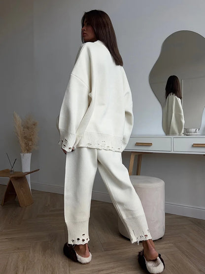 Bornladies Autumn Winter Women's New Turtleneck Knit Sweater Skinny Knit Pants Set Soft Oversized Ripped Hem Fashion Pullover
