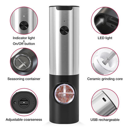 Rechargeable Electric Salt And Pepper Grinder Set With LED USB Charging Base Stainless Steel Automatic Spice Grinder Pepper Mill