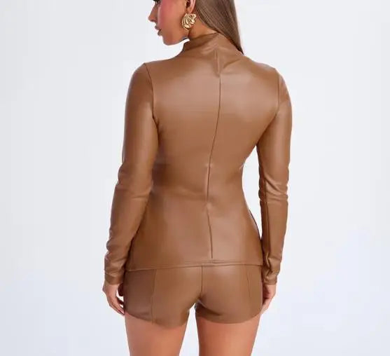 Two Piece Set Women Outfit Spring New Solid Color High Neck Long Sleeve Zipper Split Leather Jacket & High Waist Shorts Set