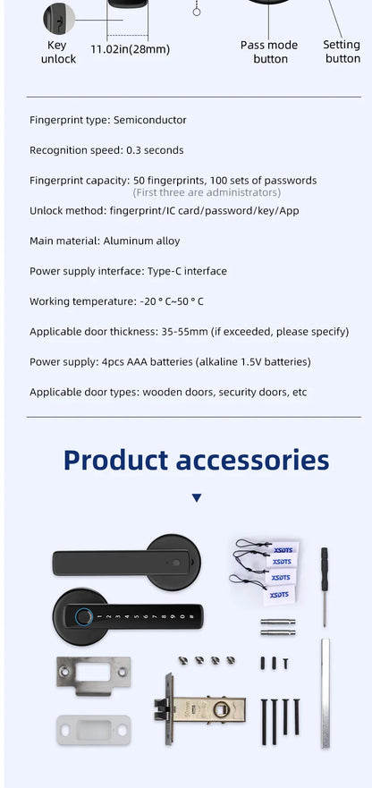 XSDTS M5 Tuya BLE Fingerprint Door Lock Digital Electronic Lock with Password/Key/IC Card/ Smartlife/ Tuya APP Unlock