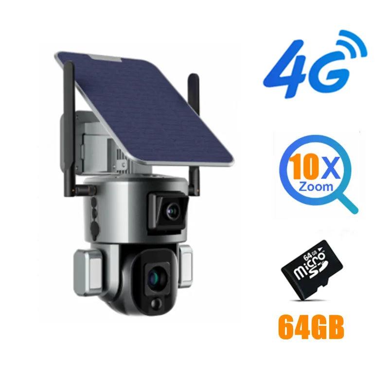 4K 8MP Dual Lens Solar Camera 10X/4X Zoom 4G SIM/WIFI Security Outdoor Camera Humanoid Tracking Color Night Vision Camera Solar