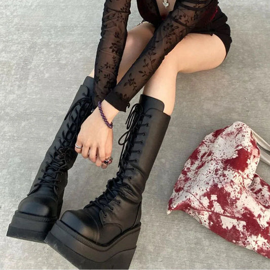 DoraTasia Black Gothic Fashion Round Toe Side Zipper Lace Up Women's Mid Calf Boots New INS Christmas Street Party Shoes Woman