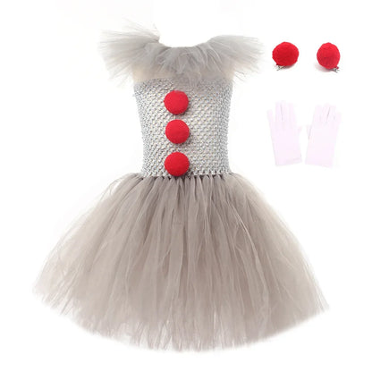 Halloween Horror Clown Pennywise Devil Spooky Costume Kids Girls Tulle Dress Joker Gothic Evil Carnival Outfit Tutu Dress Child
