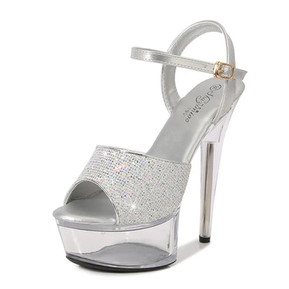 Summer Party Sequin Cloth Women's Sandals Transparent Petal Waterproof Platform High Heels Model Show Stiletto Strippers Shoes