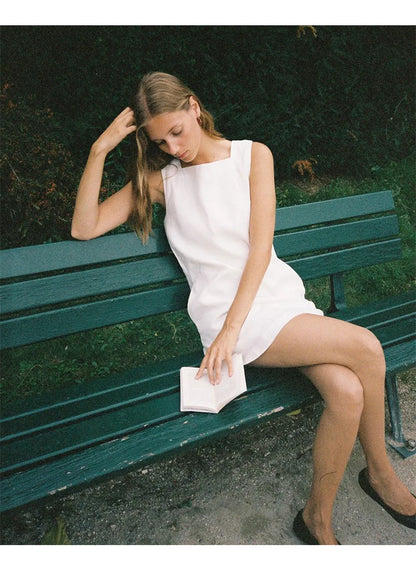 Dresses 2025 Woman Cotton Linen Square Collar Sleeveless Summer White Black Short Mini Holiday Beach Streetwear Elegant Vestidos