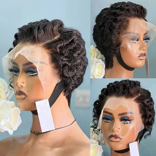Pixie Cut Wig Short Curly Lace Front Human Hair Wigs For Black Women Raw Indian Finger Wave 13x4 Transparent Lace Frontal Wigs