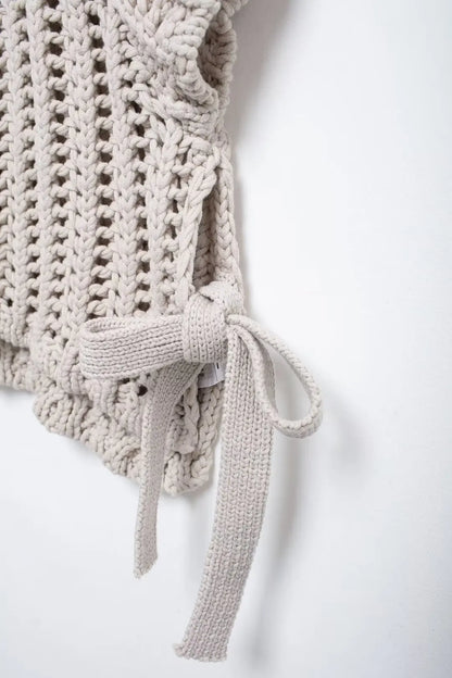 EDSA Women Chunky Knit Top with Side Straps O-Neck Short Sleeves Hollow Out Cropped Sweater Pullover for Casual Female