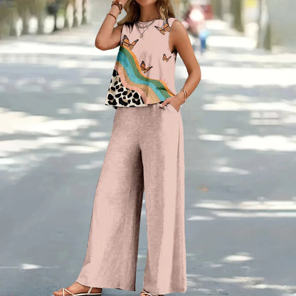 Bohemian Leaf Print Holiday Pants Set Round Neck Elegant Temperament Summer Sleeveless Top And Pants Hawaii Vacation Womenswear